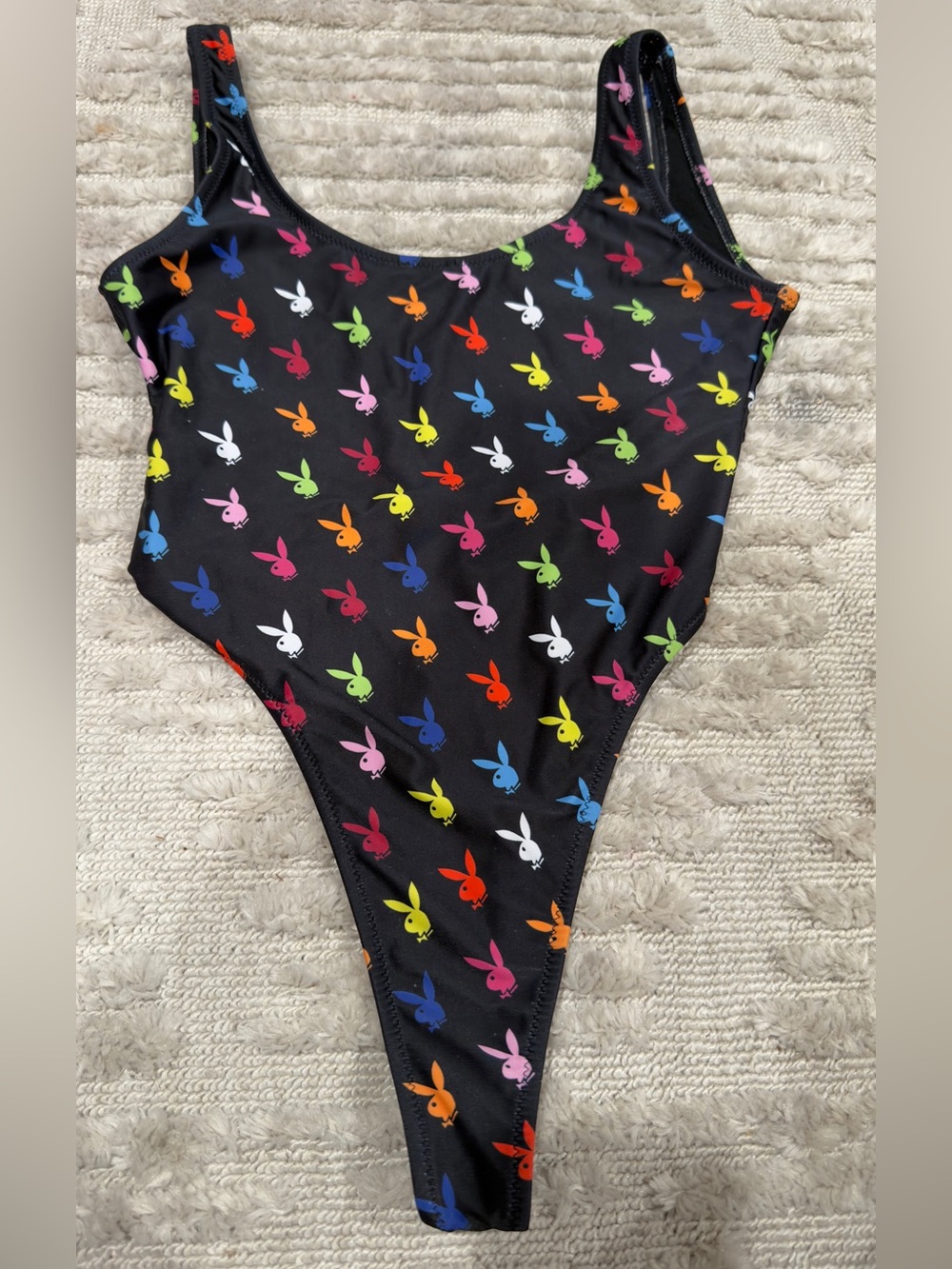 Missguided + Black One-Piece Swimsuit with Multicolor Bunny Print Playboy